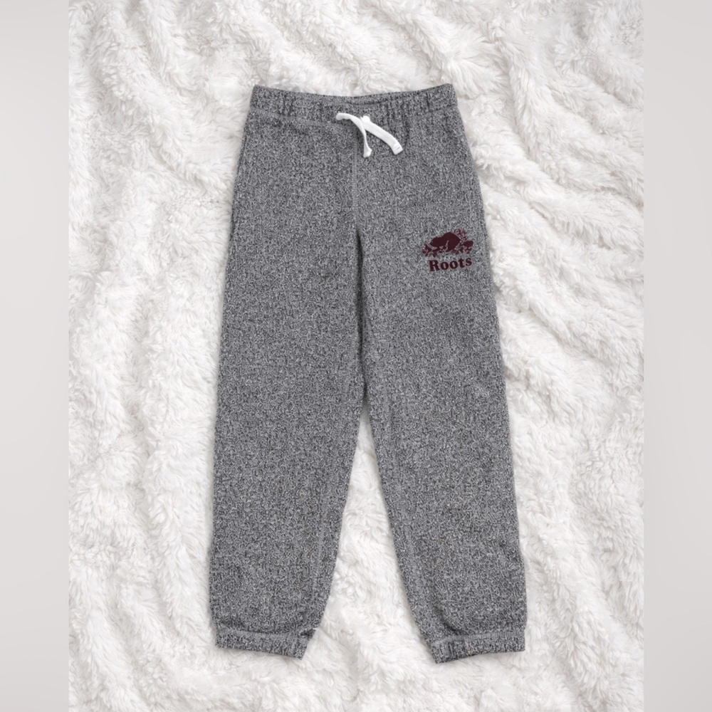 Roots Girls Size 10 Salt & Pepper Joggers Purple Logo Cozy Sweatpants